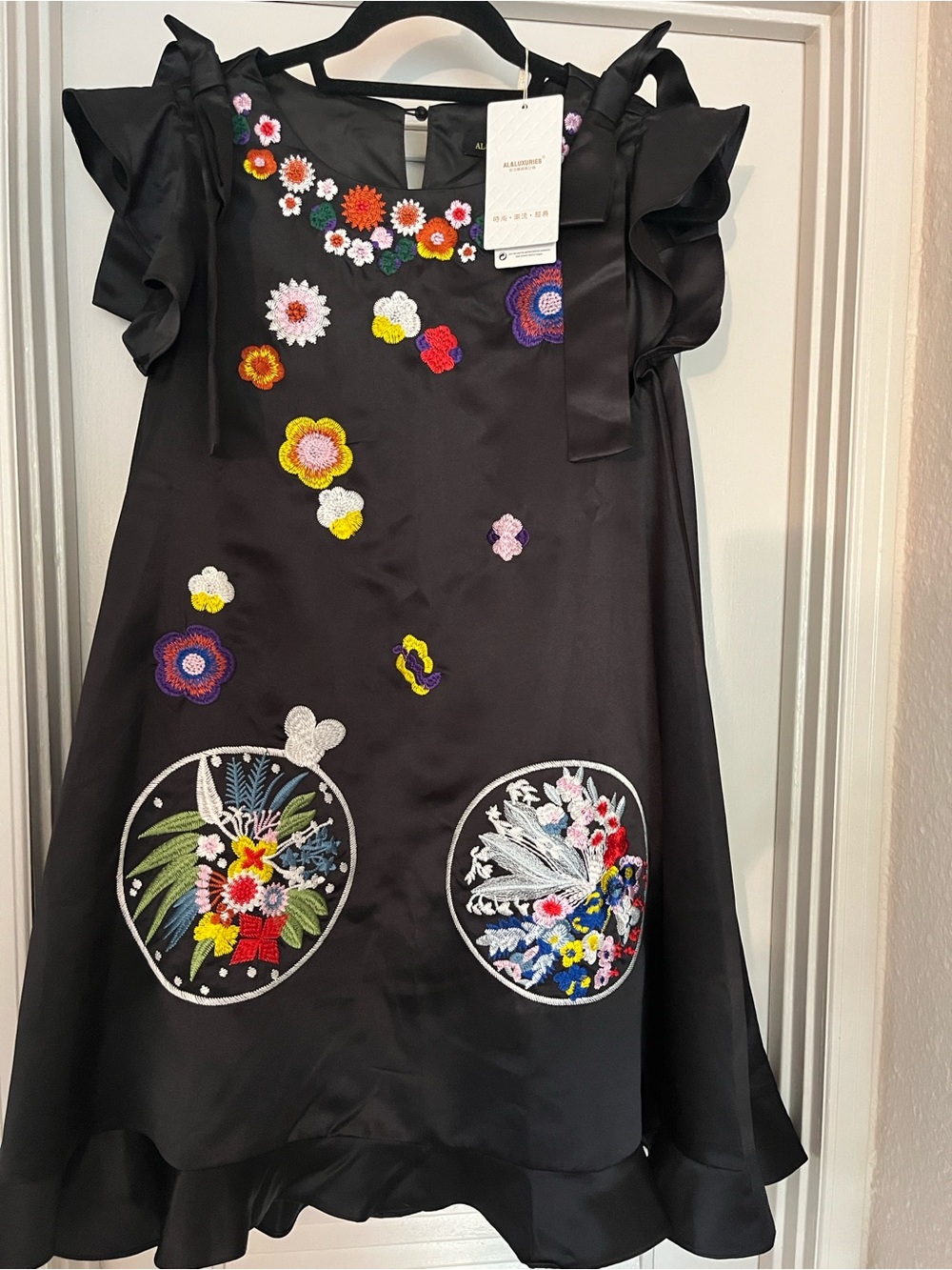 Black Embroidered Floral Formal Dress with Ruffle Shoulders Shift artsy BohoS